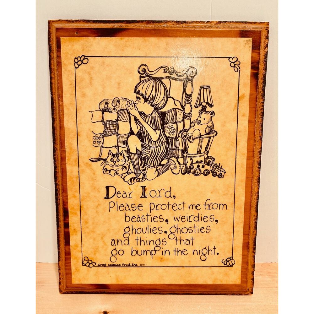 Vintage 1971 Greg Wallace Bedtime Prayer Wall Plaque Beasties Weirdies Wood 10"